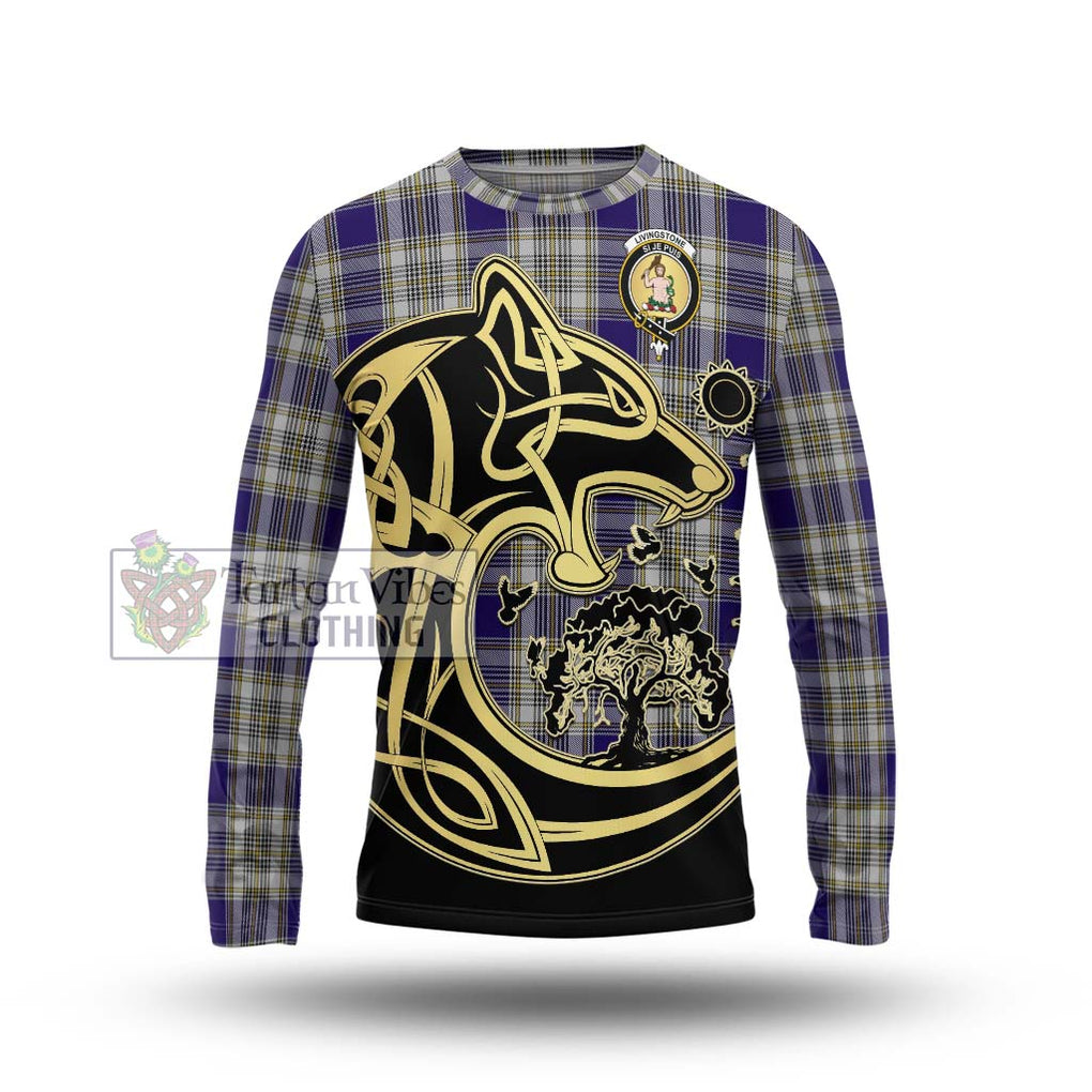 Livingstone Dress Tartan Long Sleeve T-Shirt with Family Crest Celtic Wolf Style Unisex - Tartan Vibes Clothing