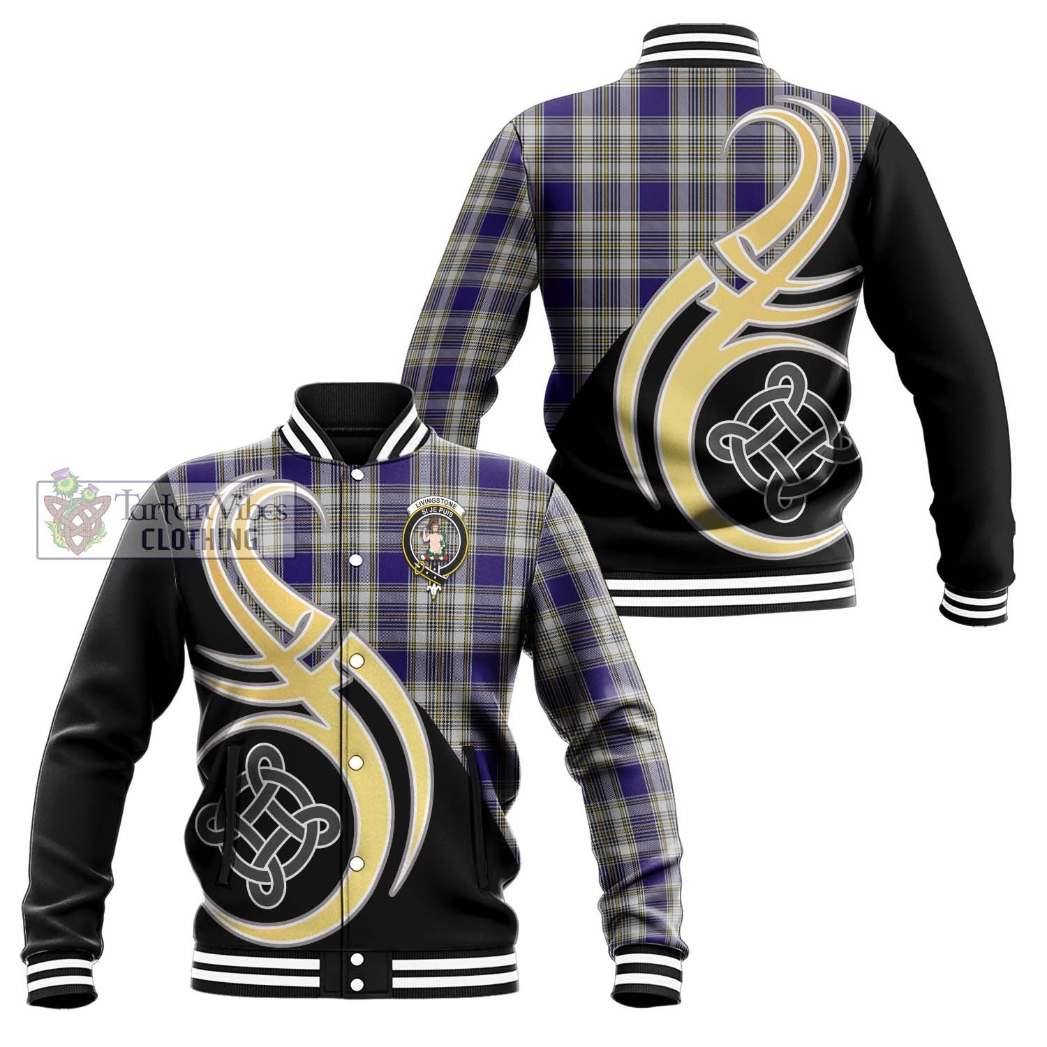 Livingstone Dress Tartan Baseball Jacket with Family Crest and Celtic Symbol Style Unisex - Tartan Vibes Clothing