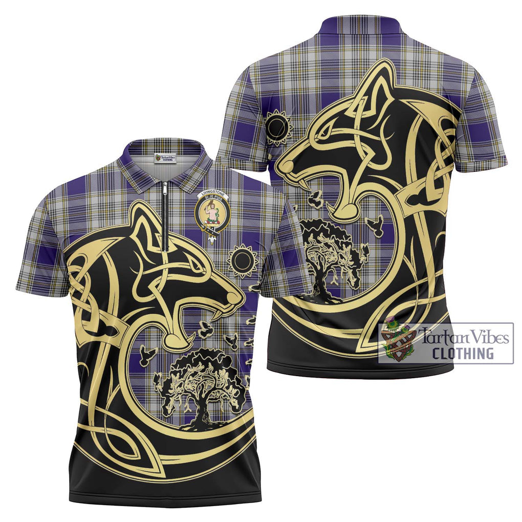 Livingstone Dress Tartan Zipper Polo Shirt with Family Crest Celtic Wolf Style Unisex - Tartanvibesclothing Shop