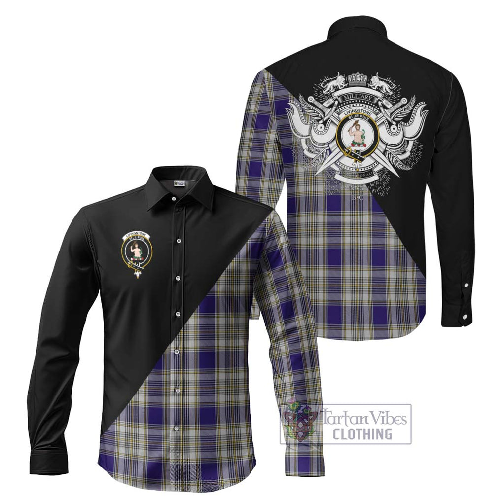 Livingstone Dress Tartan Long Sleeve Button Shirt with Family Crest and Military Logo Style Men's Shirt S - Tartanvibesclothing Shop