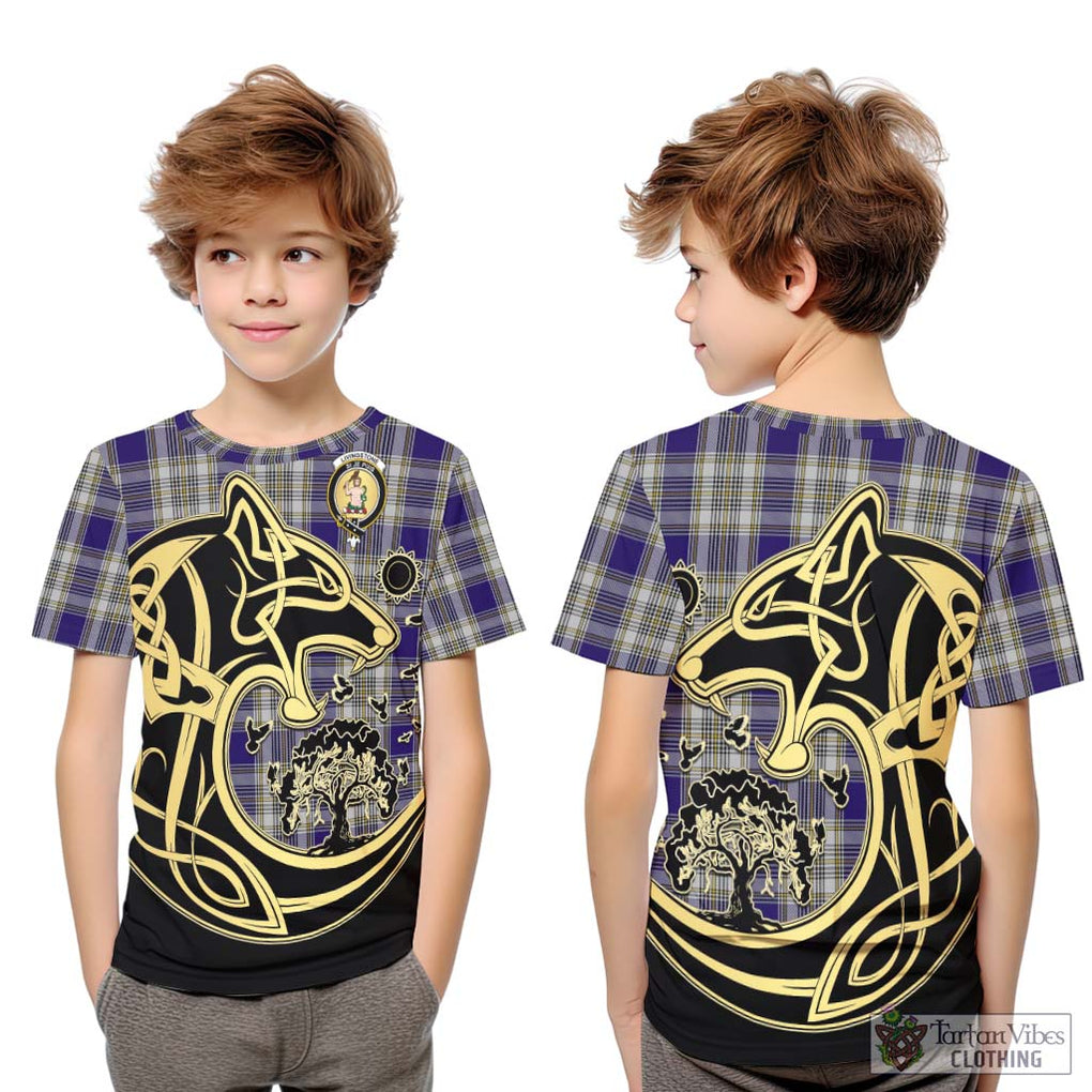 Livingstone Dress Tartan Kid T-Shirt with Family Crest Celtic Wolf Style Youth XL Size14 - Tartan Vibes Clothing