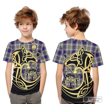 Livingstone Dress Tartan Kid T-Shirt with Family Crest Celtic Wolf Style