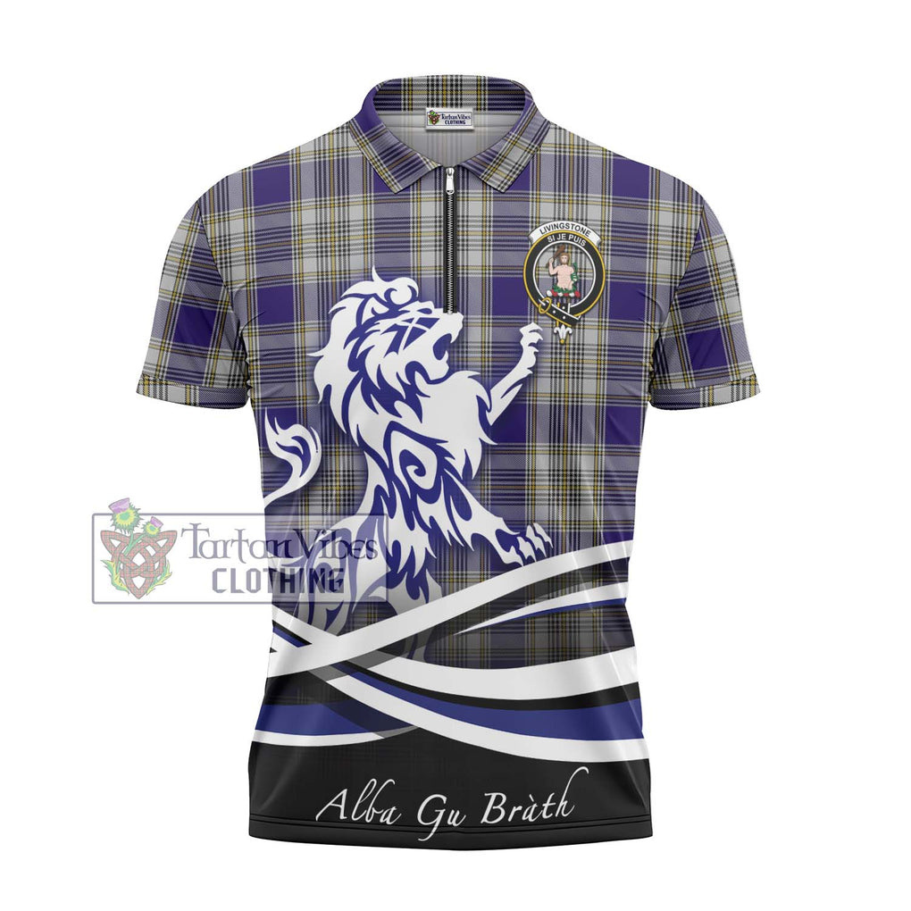 Livingstone Dress Tartan Zipper Polo Shirt with Alba Gu Brath Regal Lion Emblem - Tartanvibesclothing Shop