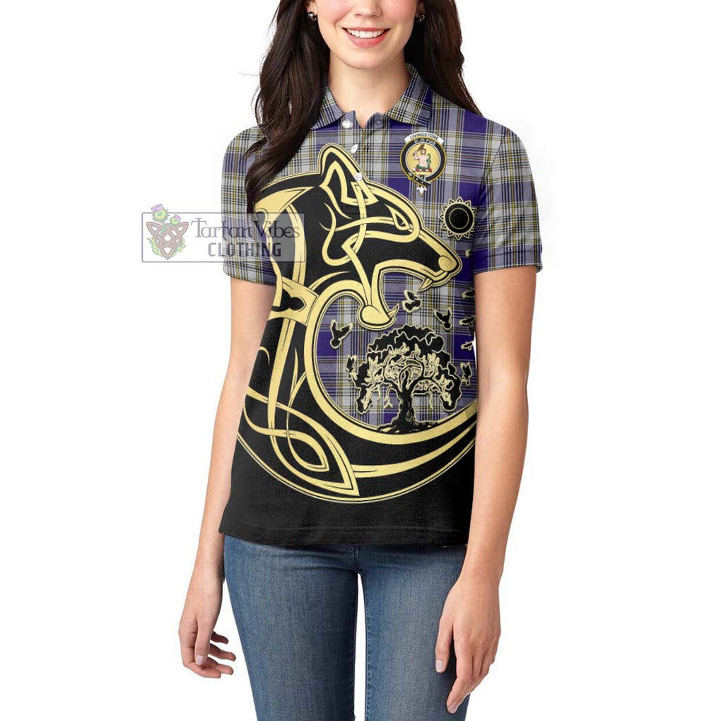 Livingstone Dress Tartan Women's Polo Shirt with Family Crest Celtic Wolf Style - Tartanvibesclothing Shop