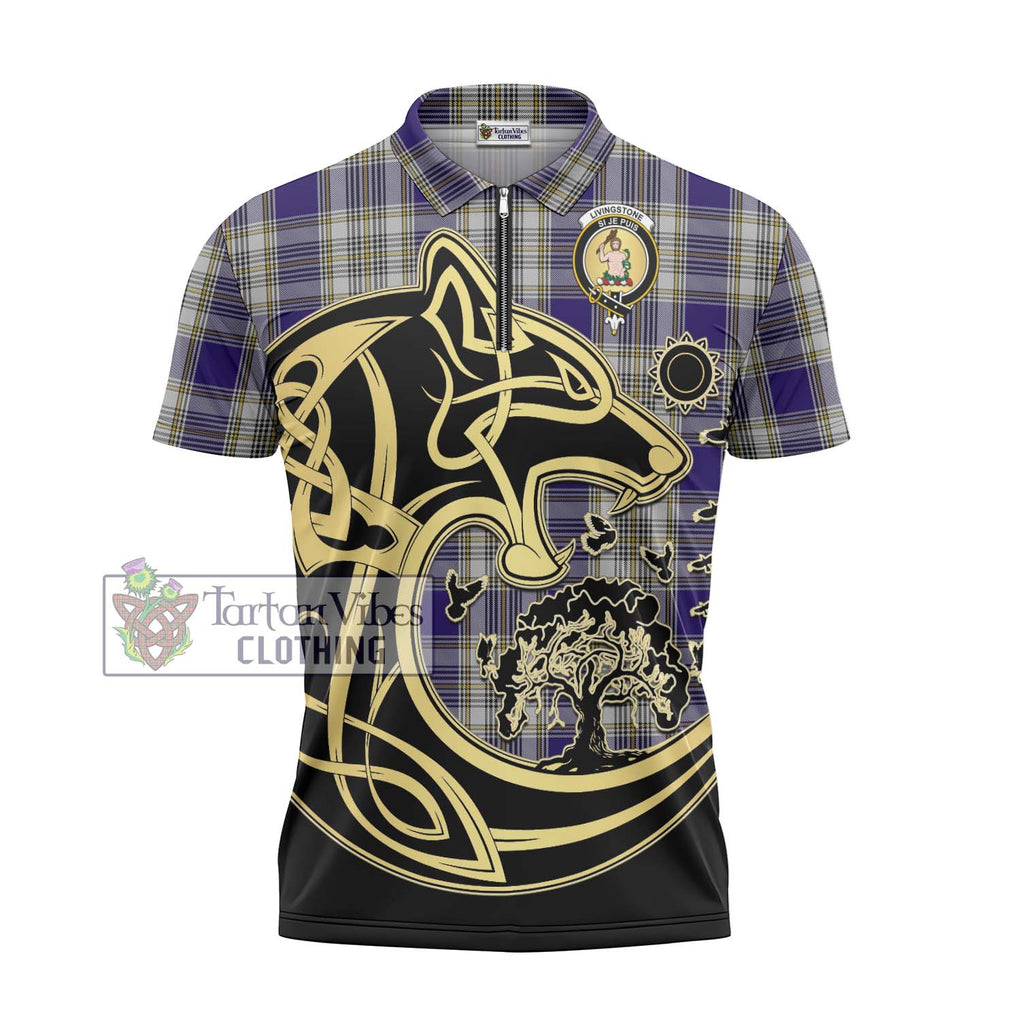 Livingstone Dress Tartan Zipper Polo Shirt with Family Crest Celtic Wolf Style - Tartanvibesclothing Shop