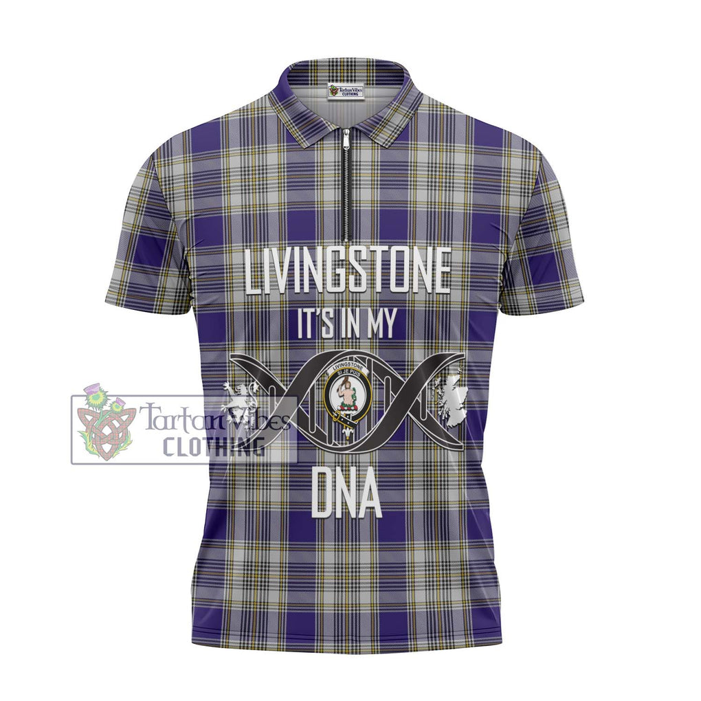 Livingstone Dress Tartan Zipper Polo Shirt with Family Crest DNA In Me Style - Tartanvibesclothing Shop