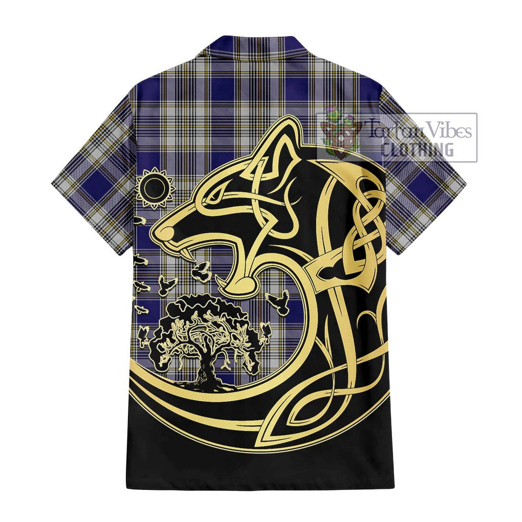 Livingstone Dress Tartan Short Sleeve Button Shirt with Family Crest Celtic Wolf Style - Tartan Vibes Clothing