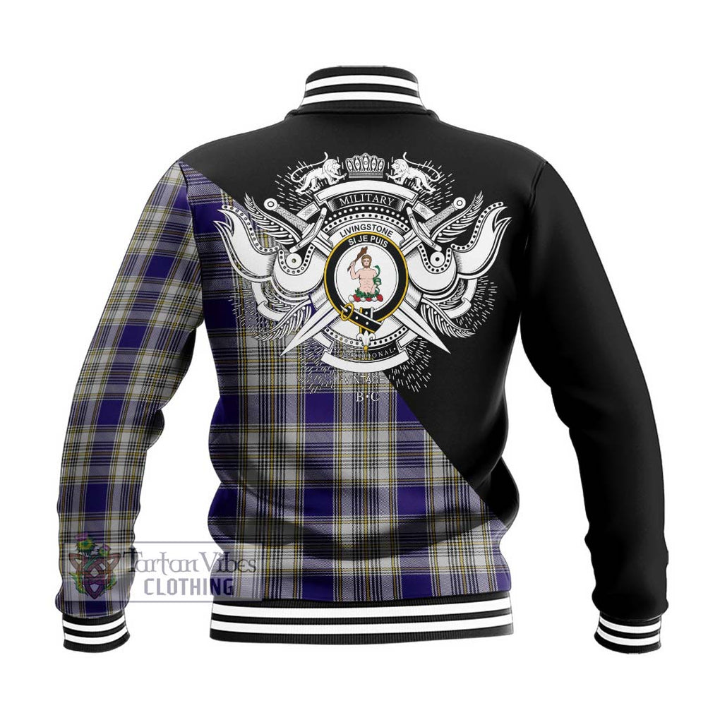 Livingstone Dress Tartan Baseball Jacket with Family Crest and Military Logo Style - Tartanvibesclothing Shop