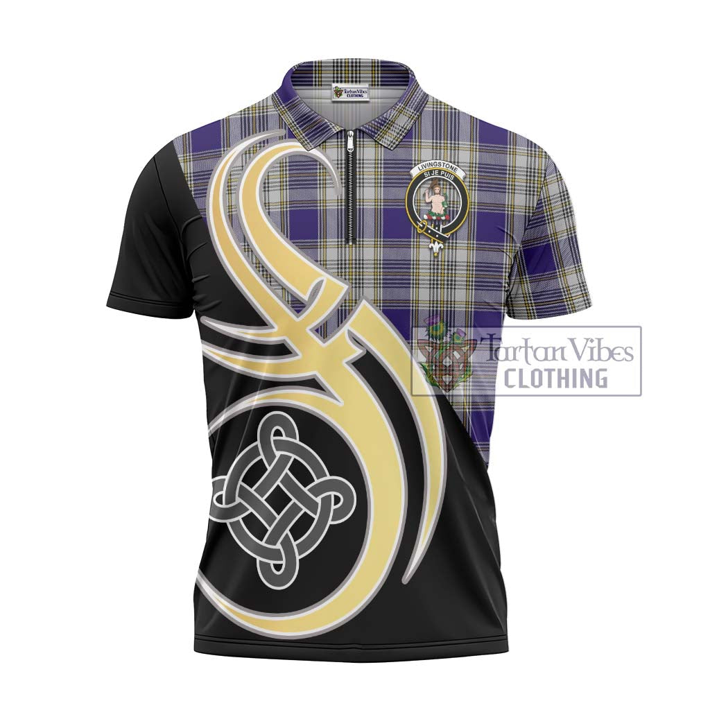 Tartan Vibes Clothing Livingstone Dress Tartan Zipper Polo Shirt with Family Crest and Celtic Symbol Style