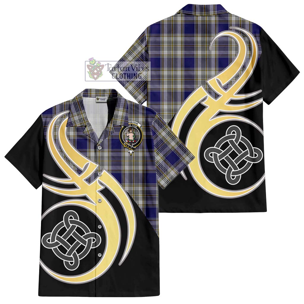 Livingstone Dress Tartan Short Sleeve Button Shirt with Family Crest and Celtic Symbol Style - Tartan Vibes Clothing