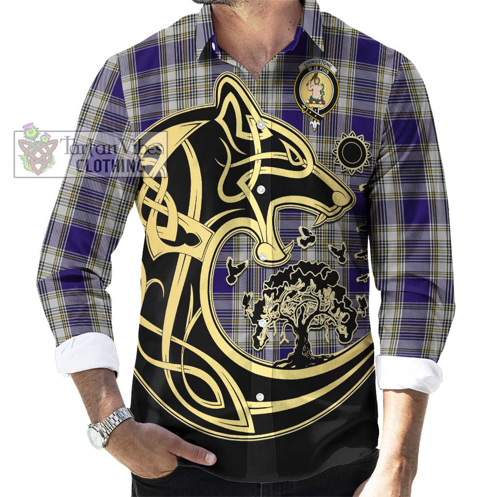 Livingstone Dress Tartan Long Sleeve Button Shirt with Family Crest Celtic Wolf Style - Tartan Vibes Clothing