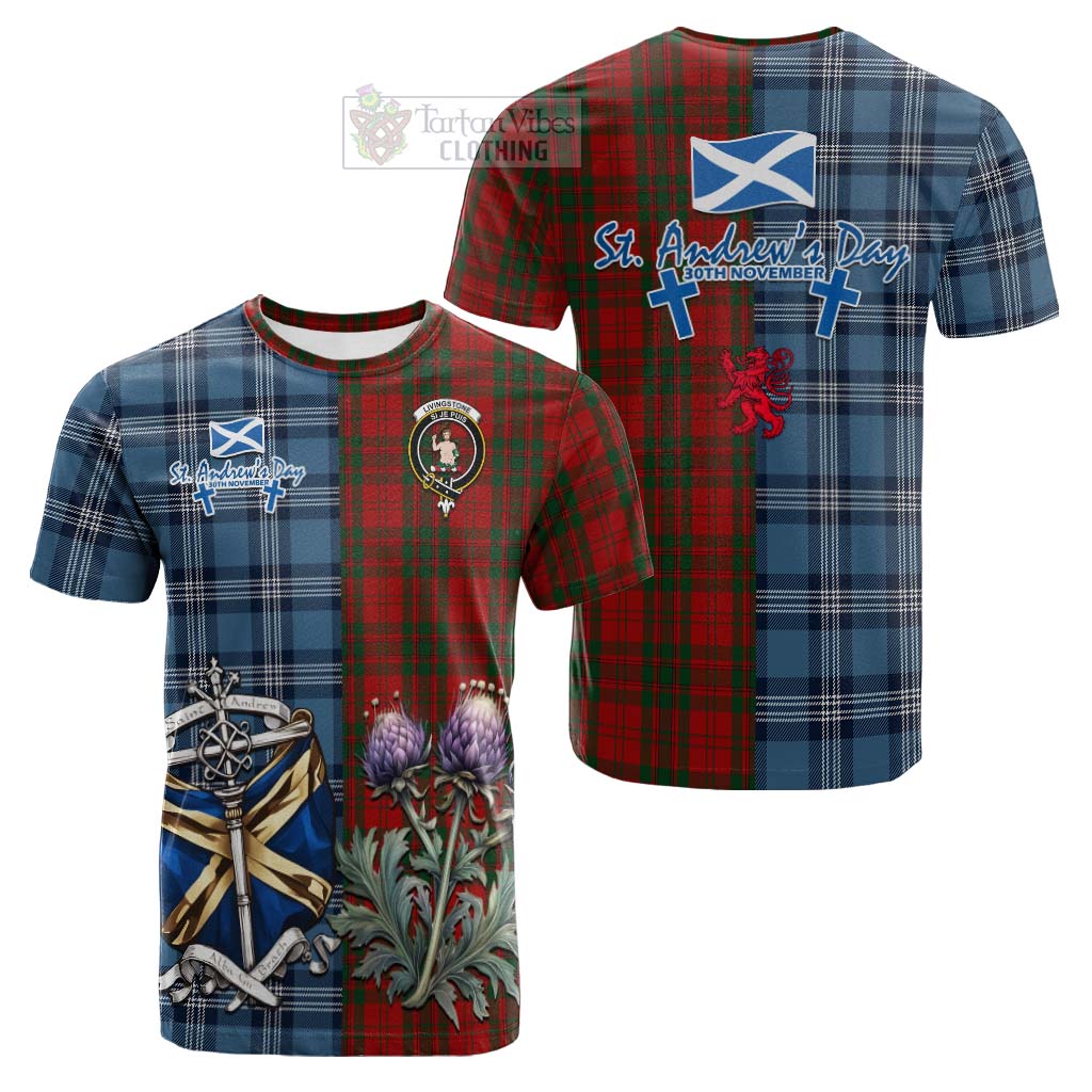 Tartan Vibes Clothing Livingstone (Livingston) Tartan Cotton T-shirt Happy St. Andrew's Day Half Tartan Style