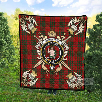 Livingstone (Livingston) Tartan Quilt with Family Crest and Scottish Golden Courage Shield