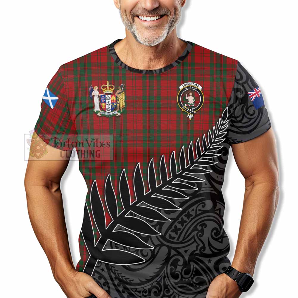 Tartan Vibes Clothing Livingstone (Livingston) Crest Tartan T-Shirt with New Zealand Silver Fern Half Style