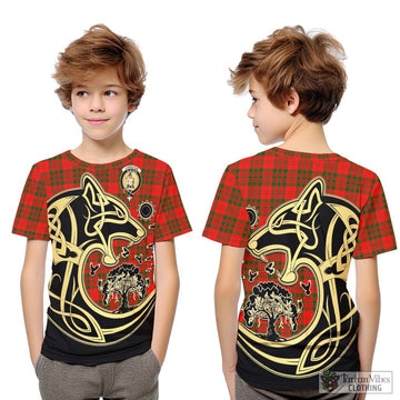 Livingstone Modern Tartan Kid T-Shirt with Family Crest Celtic Wolf Style