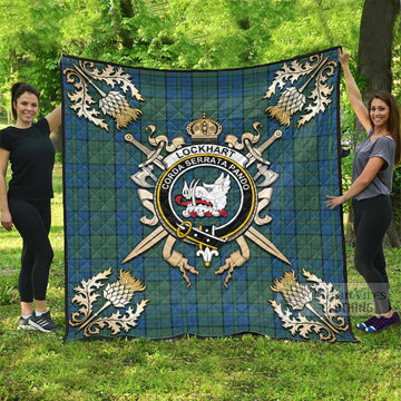 Lockhart Tartan Quilt with Family Crest and Scottish Golden Courage Shield