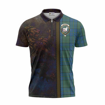 Lockhart Tartan Family Crest Zipper Polo Shirt Alba Gu Brath Be Brave Lion Ancient Style Unisex - Tartan Vibes Clothing