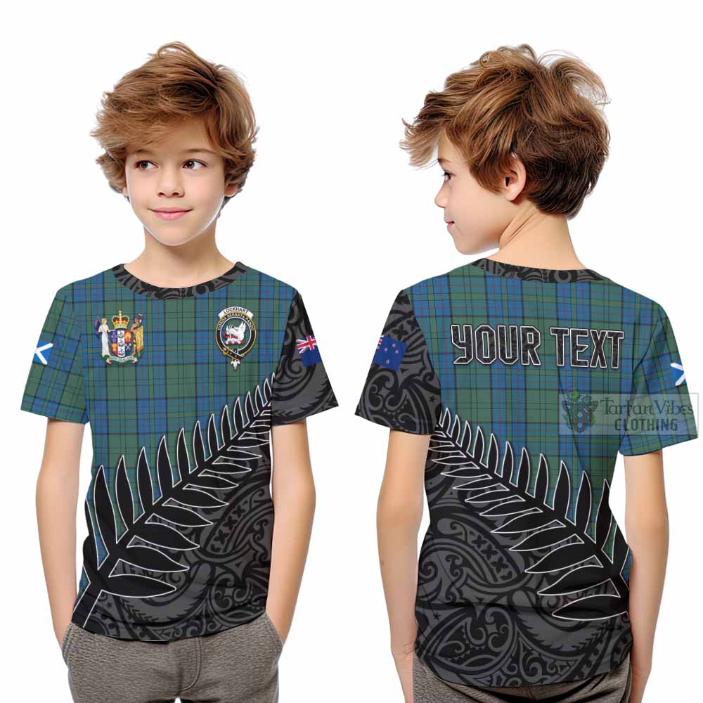 Tartan Vibes Clothing Lockhart Crest Tartan Kid T-Shirt with New Zealand Silver Fern Half Style