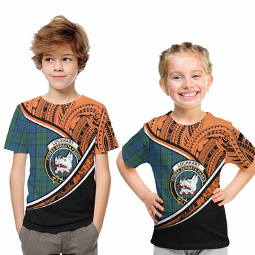 Lockhart Crest Tartan Kid T-Shirt with Polynesian Vibes Style - Orange Version