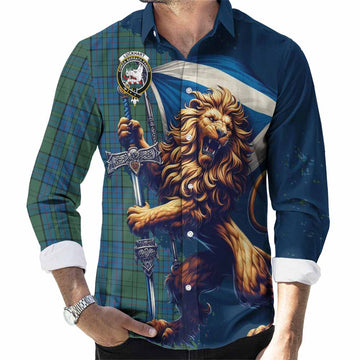 Lockhart Tartan Family Crest Long Sleeve Button Shirt with Scottish Majestic Lion