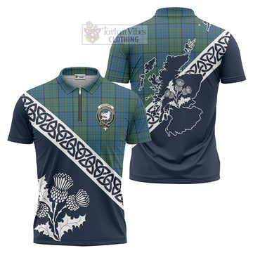 Lockhart Tartan Zipper Polo Shirt Featuring Thistle and Scotland Map