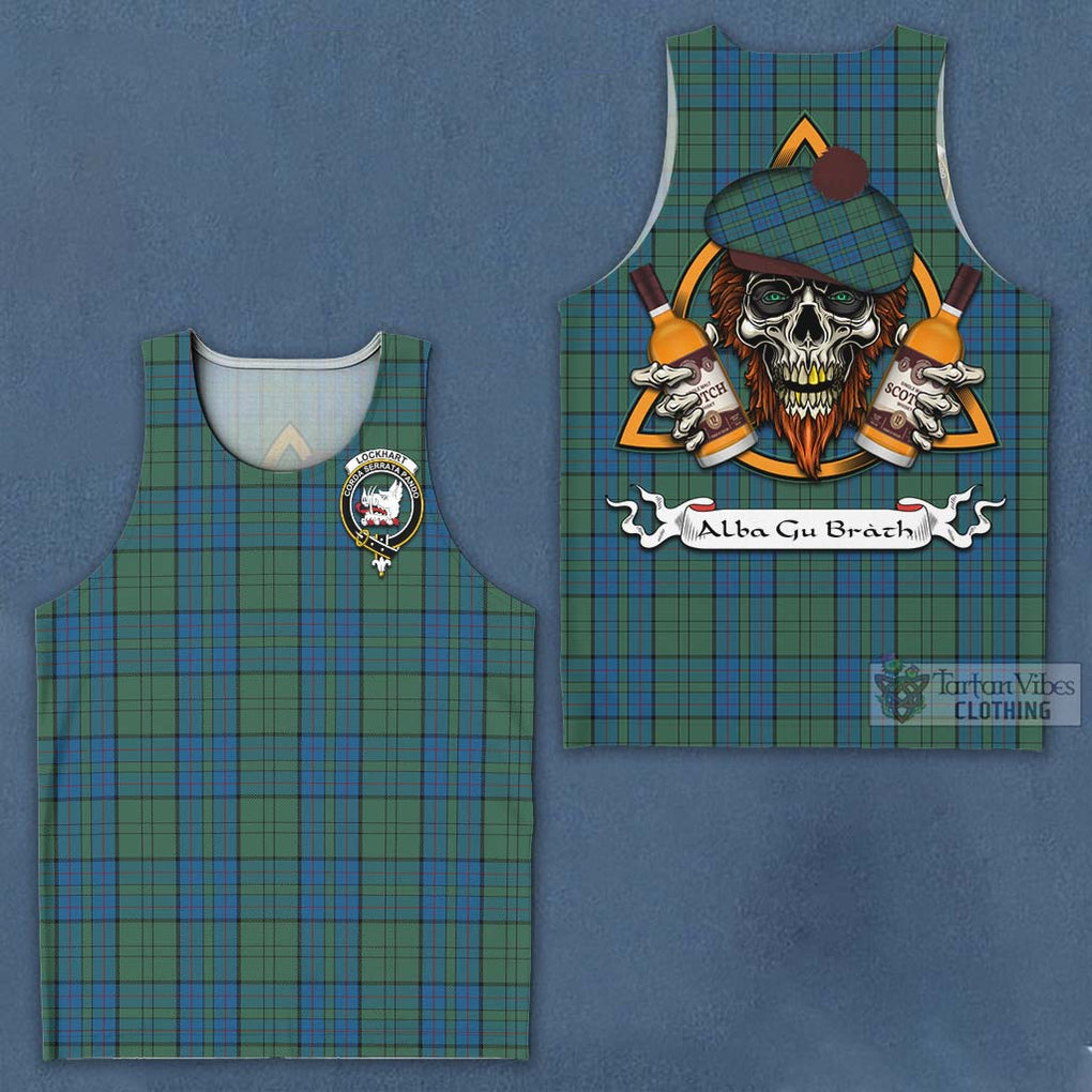 Tartan Vibes Clothing Lockhart Tartan Men's Tank Top with Family Crest and Bearded Skull Holding Bottles of Whiskey