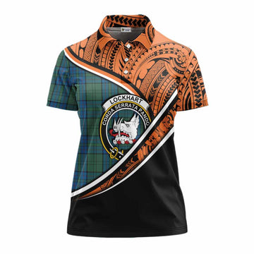 Lockhart Crest Tartan Women's Polo Shirt with Polynesian Vibes Style - Orange Version