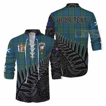 Lockhart Crest Tartan Ghillie Kilt Shirt with New Zealand Silver Fern Half Style Men - Tartan Vibes Clothing