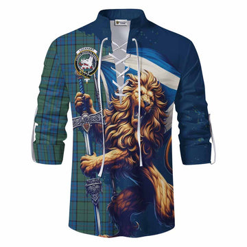 Lockhart Tartan Family Crest Ghillie Kilt Shirt with Scottish Majestic Lion Men - Tartan Vibes Clothing