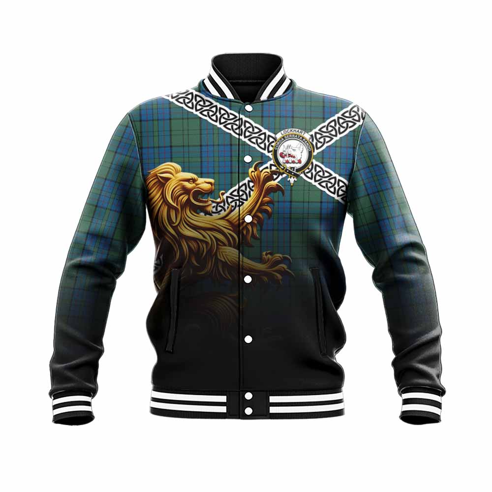 Lockhart Crest Tartan Baseball Jacket with Golden Lion Emblem Celtic Style Unisex - Tartan Vibes Clothing