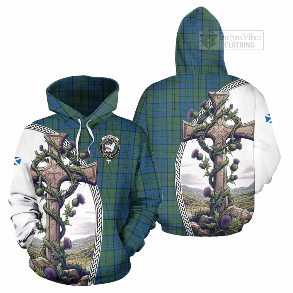 Tartan Vibes Clothing Lockhart Tartan Hoodie with Family Crest and St. Andrew's Cross Accented by Thistle Vines