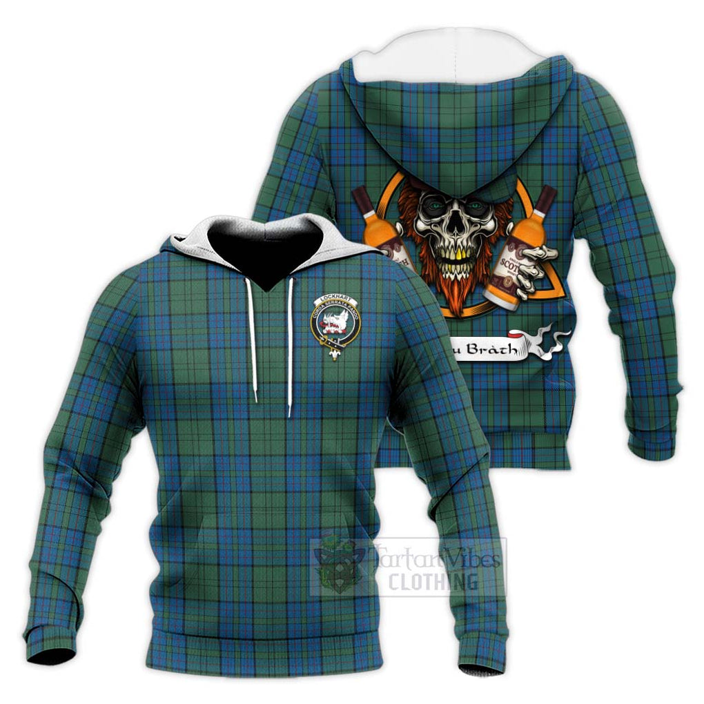 Tartan Vibes Clothing Lockhart Tartan Knitted Hoodie with Family Crest and Bearded Skull Holding Bottles of Whiskey