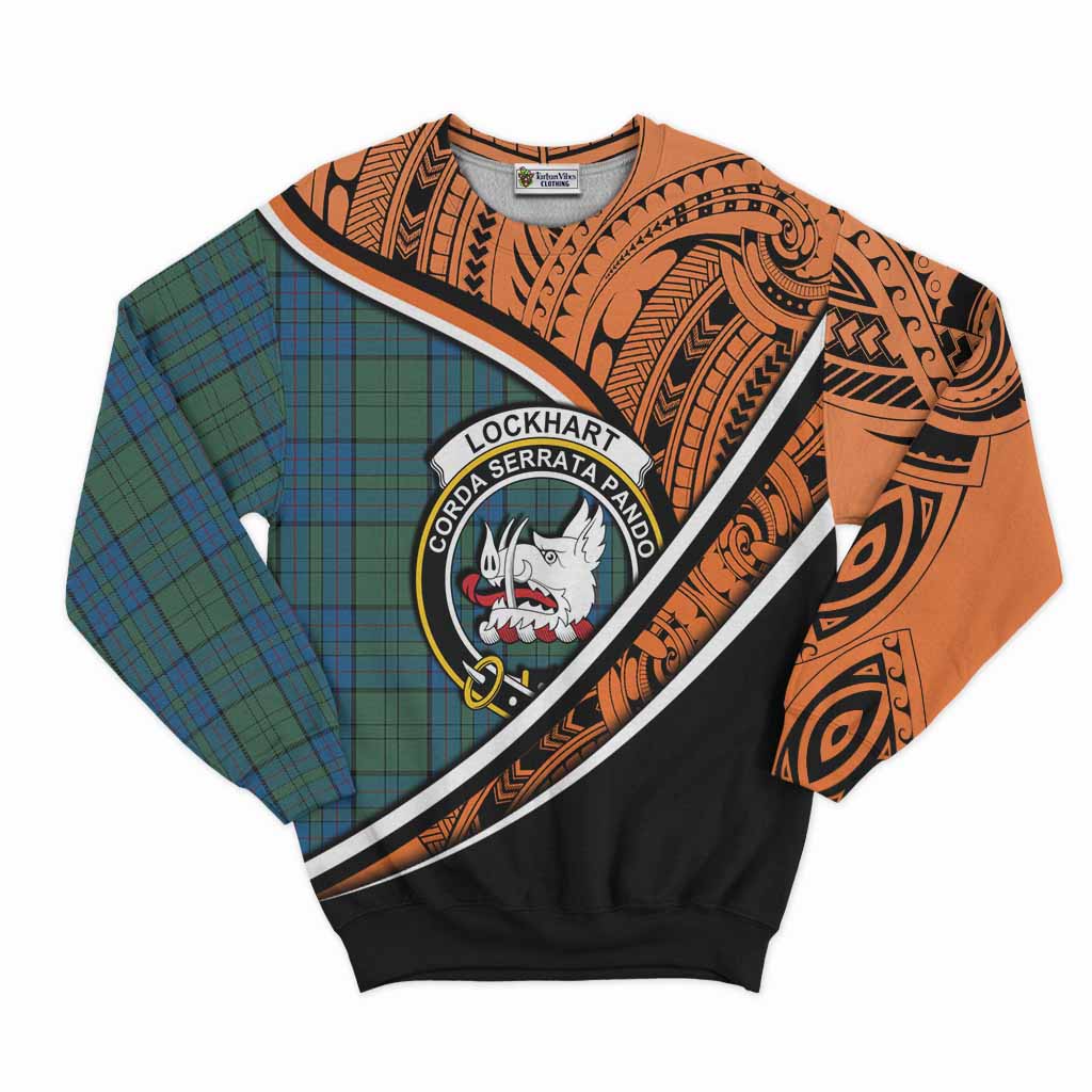 Tartan Vibes Clothing Lockhart Crest Tartan Sweatshirt with Maori Tattoo Style - Orange Version