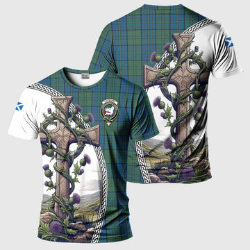 Lockhart Tartan T-Shirt with Family Crest and St. Andrew's Cross Accented by Thistle Vines