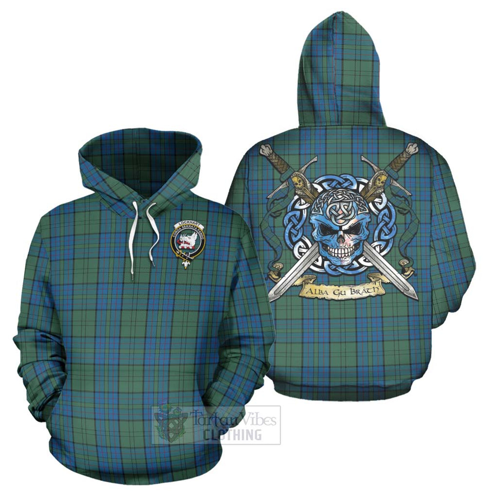 Tartan Vibes Clothing Lockhart Tartan Hoodie with Family Crest Celtic Skull Style