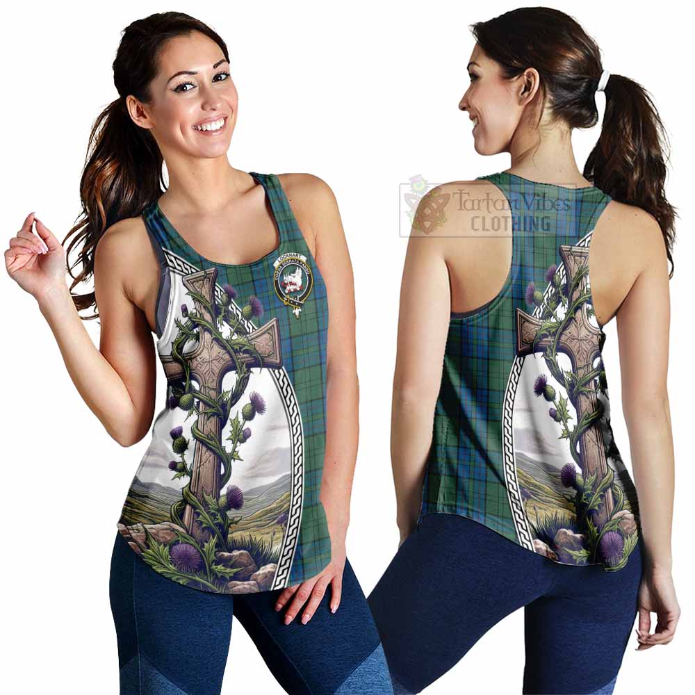 Tartan Vibes Clothing Lockhart Tartan Women's Racerback Tanks with Family Crest and St. Andrew's Cross Accented by Thistle Vines