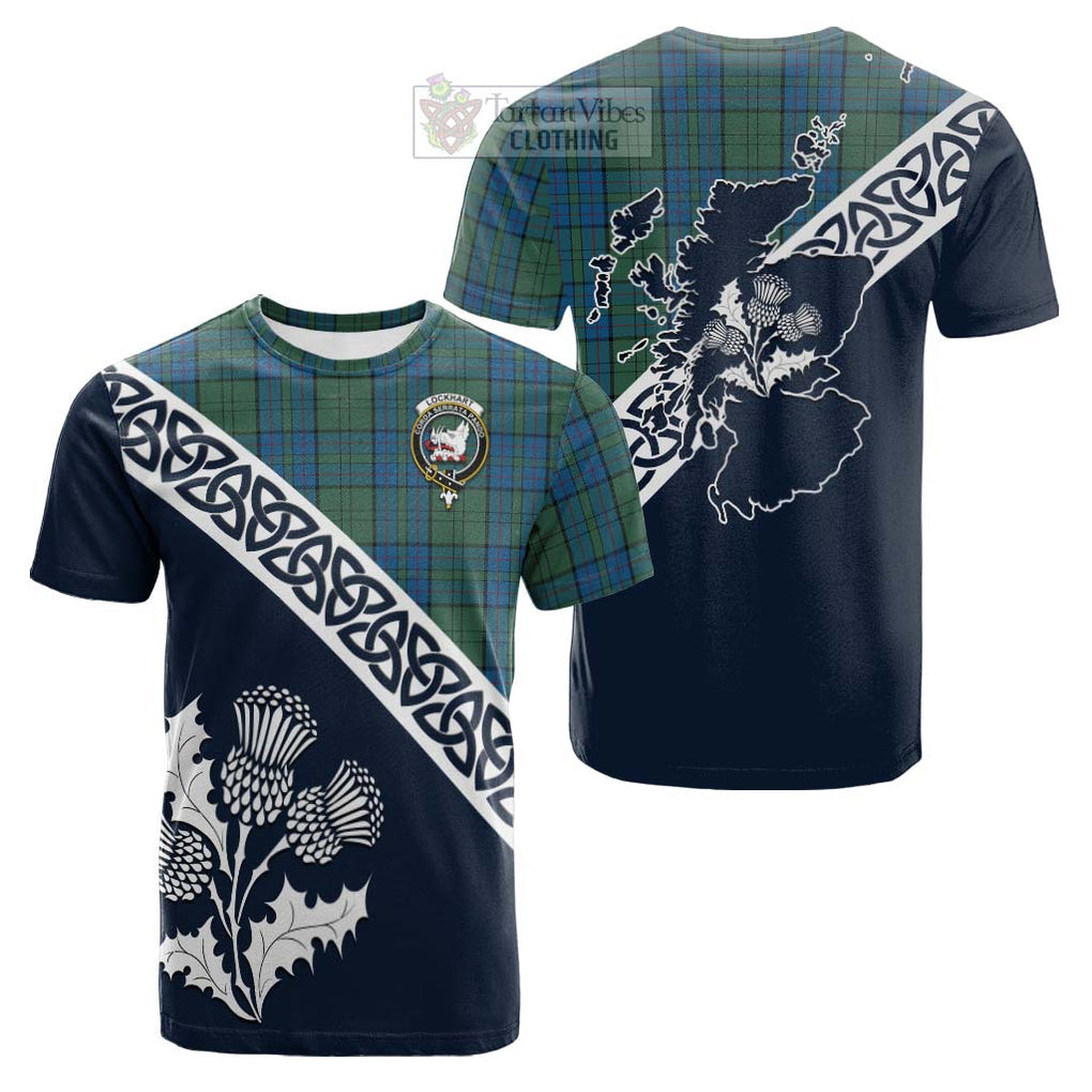 Tartan Vibes Clothing Lockhart Tartan Cotton T-shirt Featuring Thistle and Scotland Map