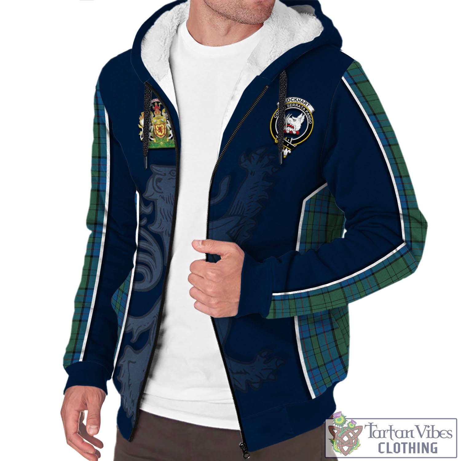 Tartan Vibes Clothing Lockhart Tartan Sherpa Hoodie with Family Crest and Lion Rampant Vibes Sport Style