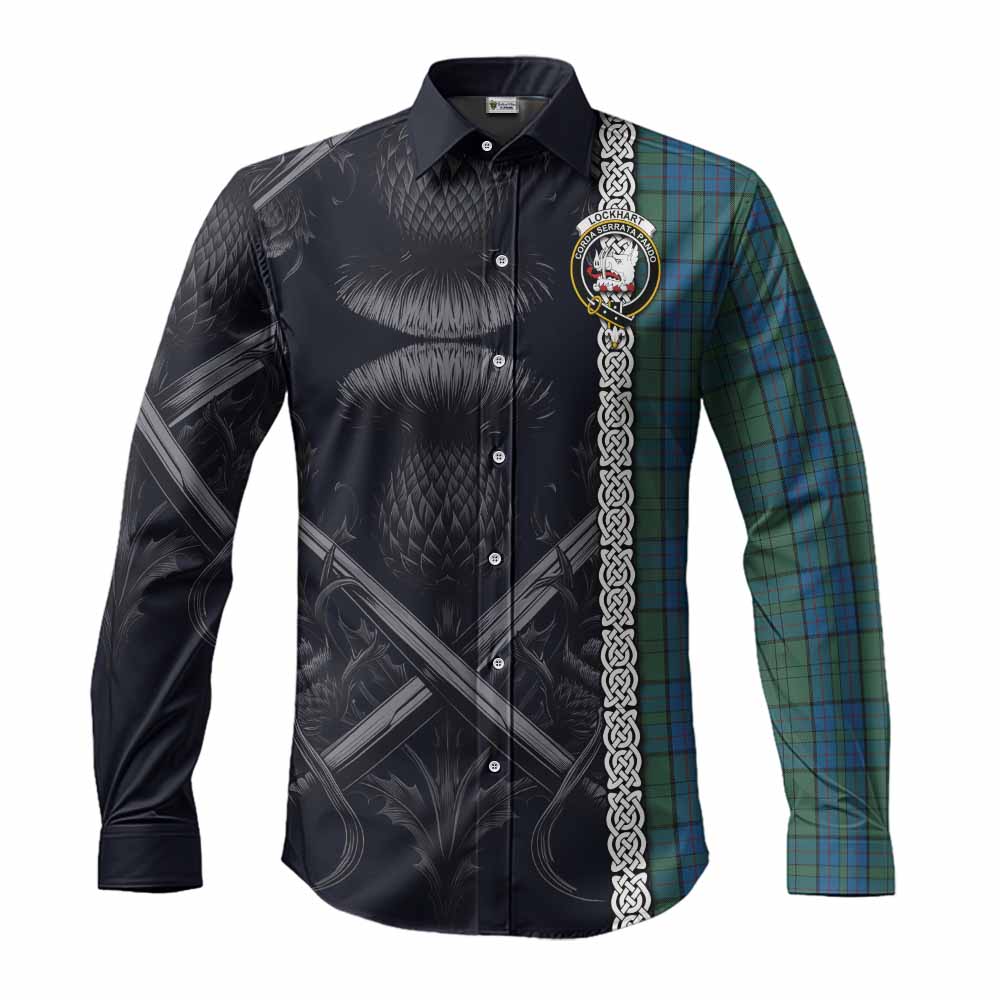 Lockhart Tartan Long Sleeve Button Shirt with Family Crest Cross Sword Thistle Celtic Vibes Men's Shirt S - Tartan Vibes Clothing