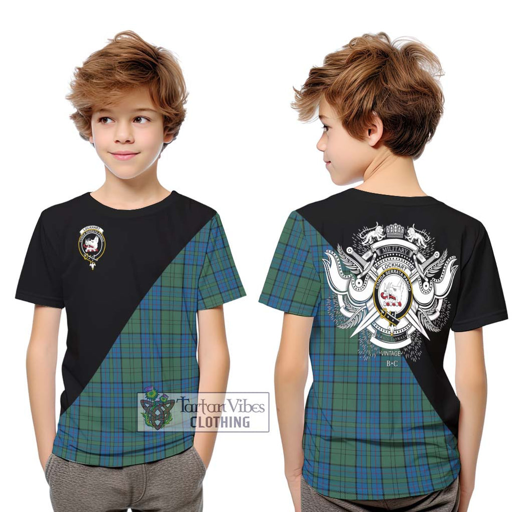 Lockhart Tartan Kid T-Shirt with Family Crest and Military Logo Style Youth XL Size14 - Tartanvibesclothing Shop