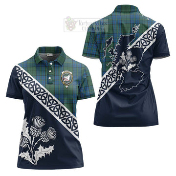 Lockhart Tartan Women's Polo Shirt Featuring Thistle and Scotland Map