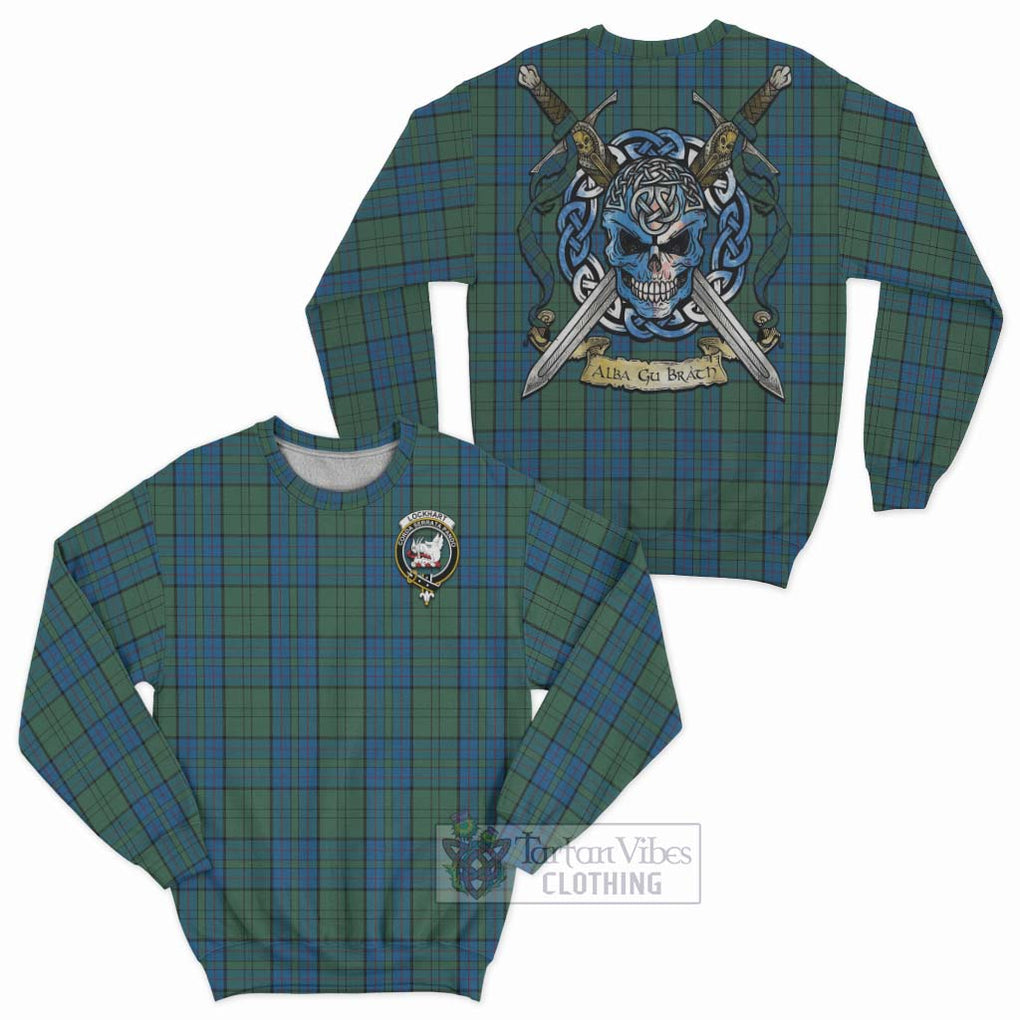 Lockhart Tartan Sweatshirt with Family Crest Celtic Skull Style Unisex - Tartan Vibes Clothing