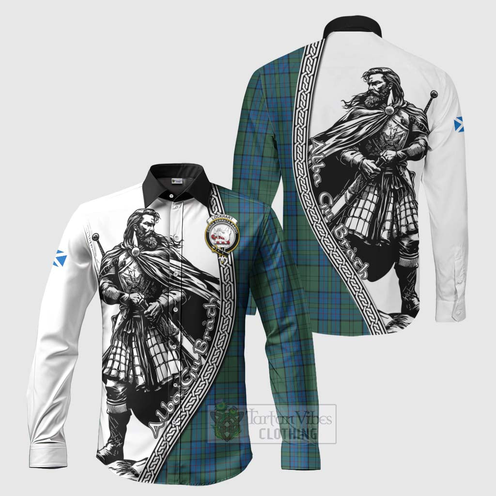 Lockhart Tartan Clan Crest Long Sleeve Button Shirt with Highlander Warrior Celtic Style Men's Shirt S - Tartan Vibes Clothing