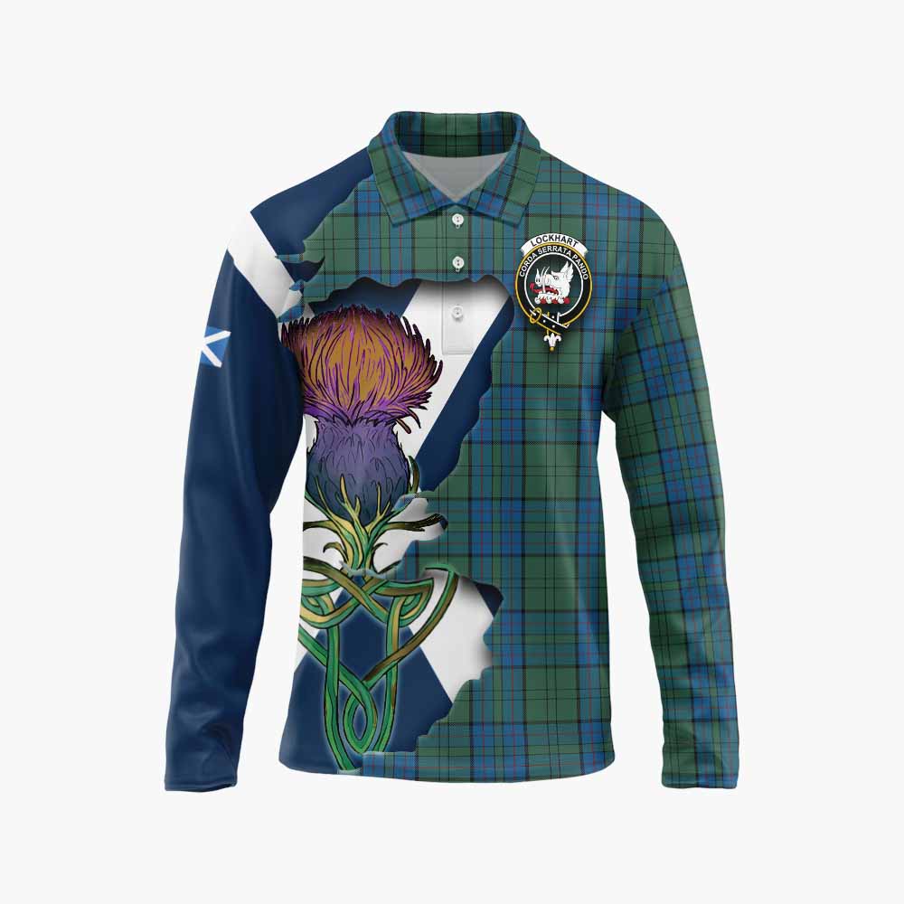 Lockhart Tartan Family Crest Long Sleeve Polo Shirt Scottish Thistle Celtic Inspired Unisex - Tartan Vibes Clothing