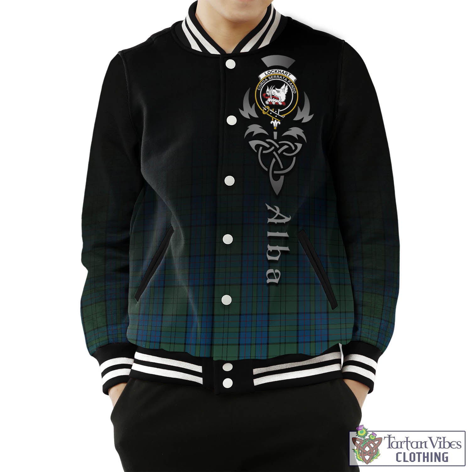 Tartan Vibes Clothing Lockhart Tartan Baseball Jacket Featuring Alba Gu Brath Family Crest Celtic Inspired