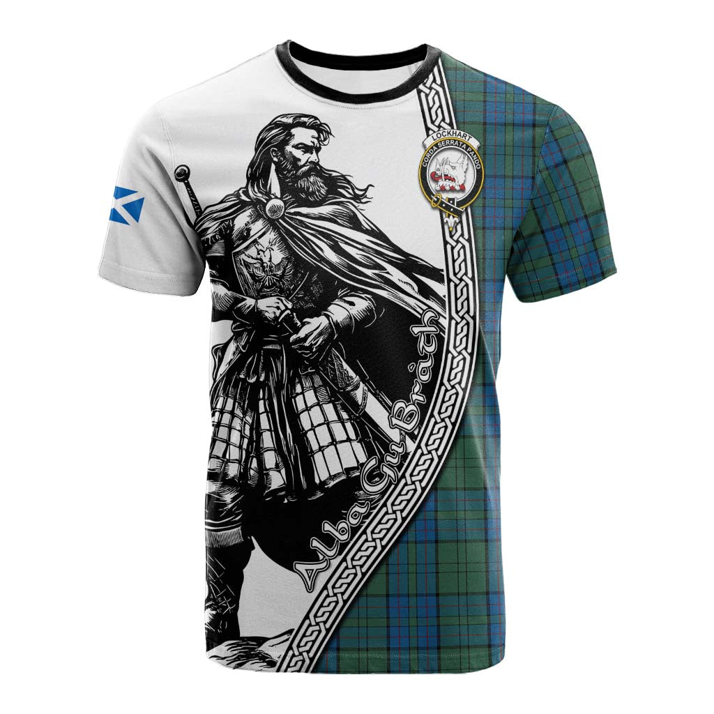 Lockhart Tartan Clan Crest Cotton T-shirt with Highlander Warrior Celtic Style