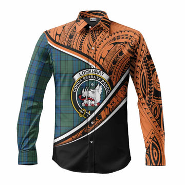 Lockhart Crest Tartan Long Sleeve Button Shirt with Polynesian Vibes Style - Orange Version