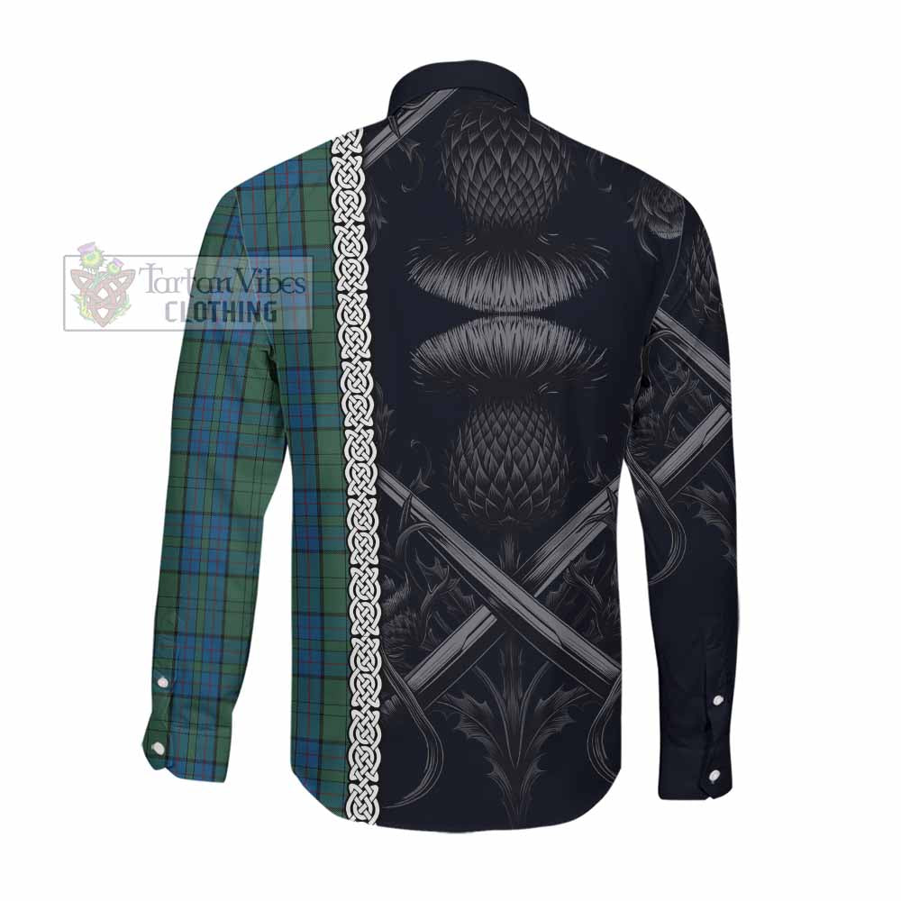 Lockhart Tartan Long Sleeve Button Shirt with Family Crest Cross Sword Thistle Celtic Vibes Men's Shirt - Tartan Vibes Clothing