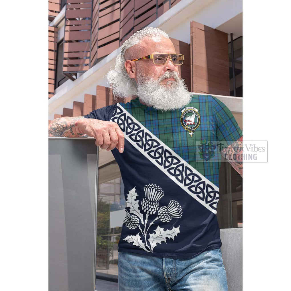 Tartan Vibes Clothing Lockhart Tartan Cotton T-shirt Featuring Thistle and Scotland Map