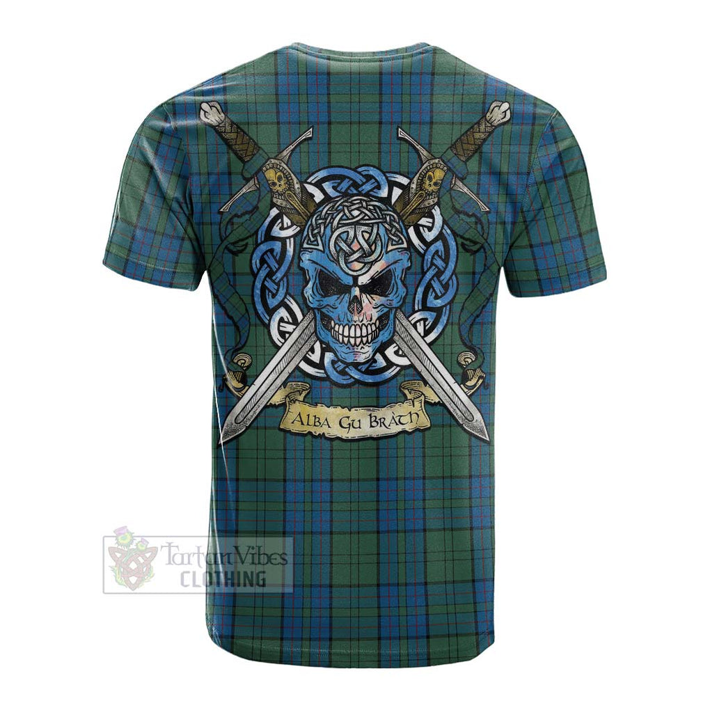 Tartan Vibes Clothing Lockhart Tartan Cotton T-shirt with Family Crest Celtic Skull Style